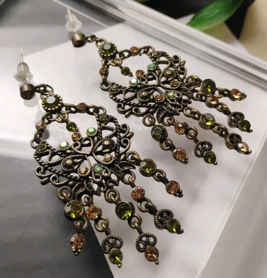 ¡Pendientes colgantes con cuentas de 2,5" candelabro ornamentado en tonos naturales (verde/marrón)! Foto 2 de 4