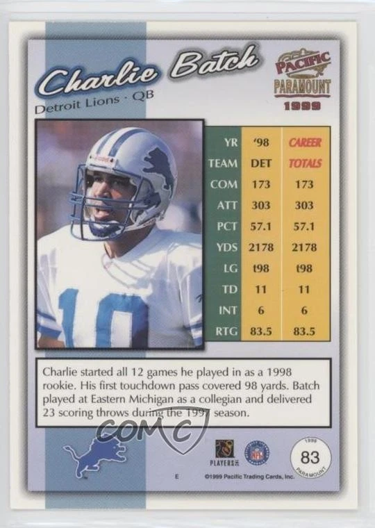 1999 Pacific Paramount Premiere Date /62 Charlie Batch #83 - Image 2 of 2