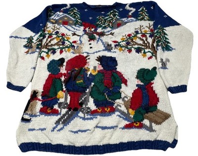 VTG Hand Knitted 3D All Over Scene Winter/Children/Snowman/Melted XL Rare