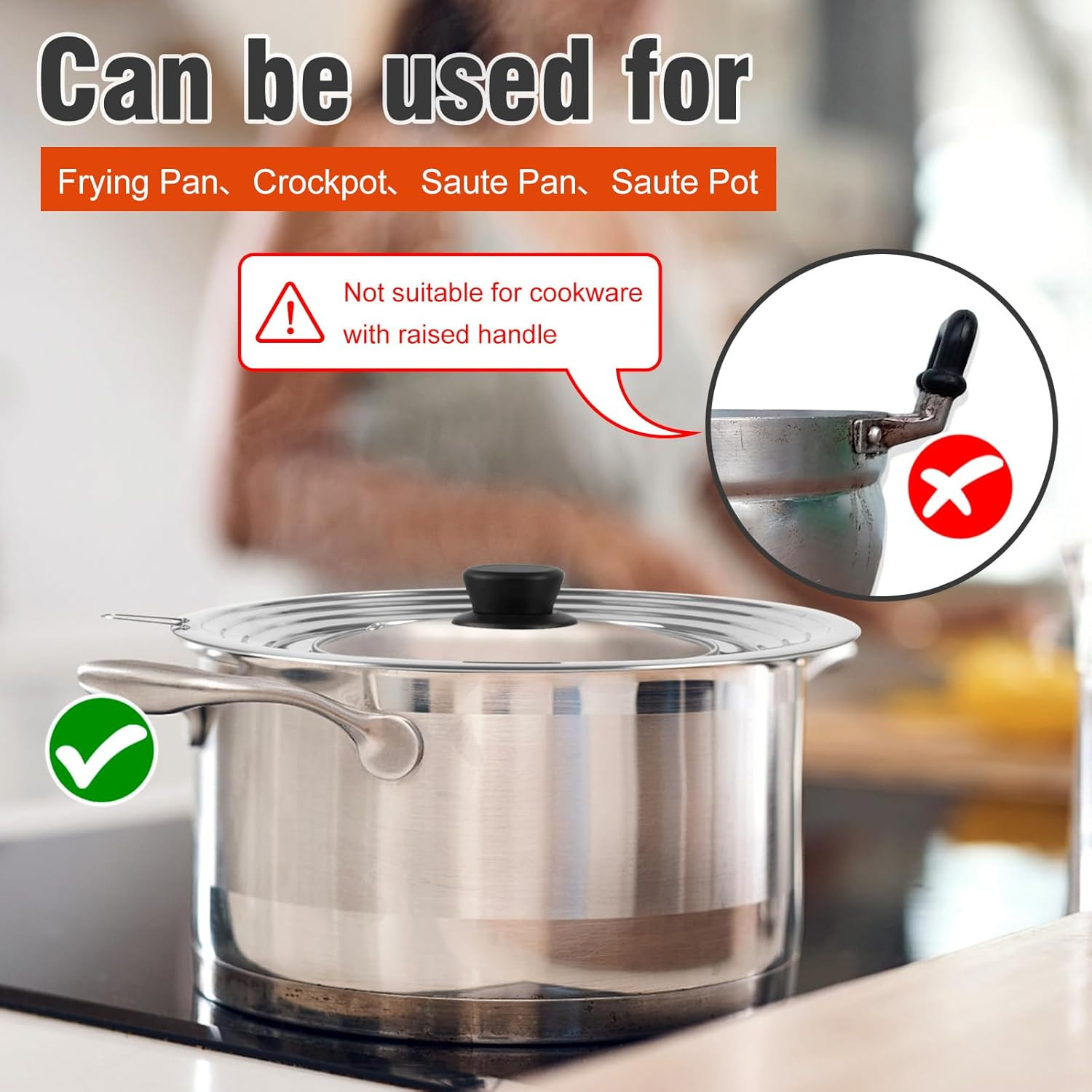 Universal Lid for Pots and Pans Skillets, Stainless Steel Pan Cover Fits 6-7-8 I