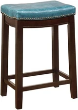 Linon Claridge Backless Counter Stool Blue Faux Leather Wood Frame in Brown