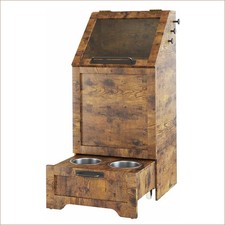 Flip Top Dog Food Cabinet Wood Pet Storage Cabinet with Hooks,Pull-Out Dog Bowls