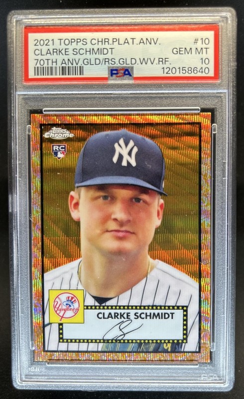 2021 Topps Chrome Platinum Clarke Schmidt RC Gold/Rose Gold 70th Wave /50 PSA 10