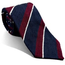 Untipped Navy Blue/Burgundy Stripe Silk Shantung Tie Handmade in Italy Unlined