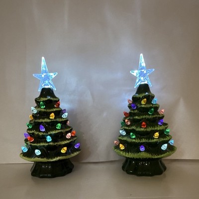 Set of 2 Ceramic Lighted Tabletop Christmas Tree Decor w/ Star Topper, Multi