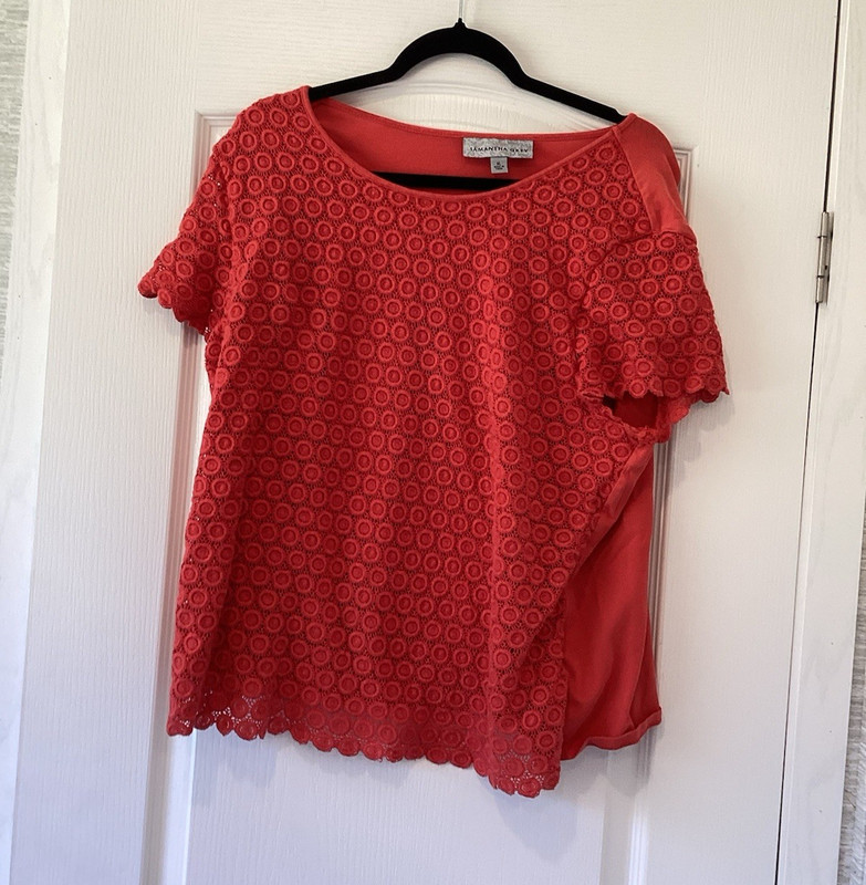 Samantha Grey Red Floral Lace Round Neck Short Sleeve Pullover Top XL
