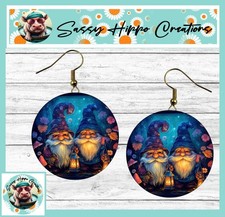 Earrings Round Gold Hook Backs Colorful Gnomes Lantern Flowers Autumn MDF