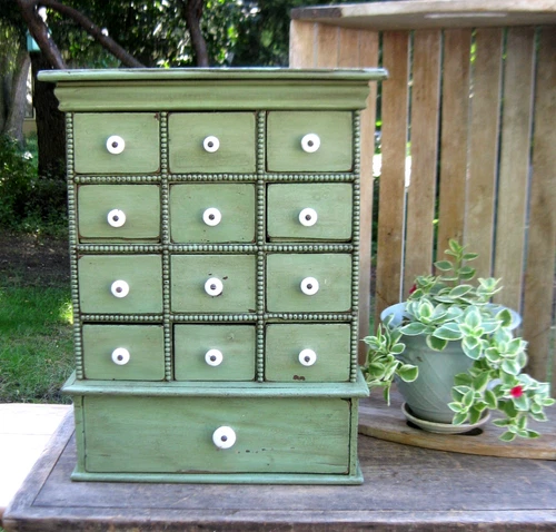 LG Early Antique 13 Drawer Wood Spice Cupboard Cabinet New Green Milk Paint