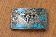 Vintage ALC Guadalajara Mexico Sterling Silver Overlay Bull Head Belt Buckle