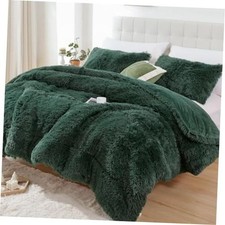 Fluffy Queen Comforter Set Faux Fur 3 Piece-Queen 90"X90" Dark Green