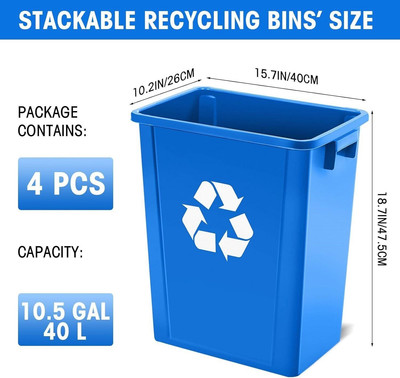 4 Pcs Plastic Recycling Bins 10.5 Gal Stackable Trash Can Blue Garage Bins 42 Qt