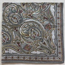 Mens Handkerchief VTG Green Cotton Blue Damask Paisley Classic Pocket Square 16"