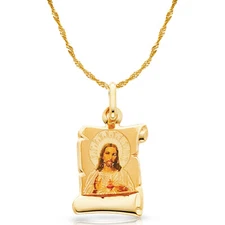 14K Yellow Gold Jesus Heart Enamel Picture Charm Pendant with 0.9mm Singapore Ch