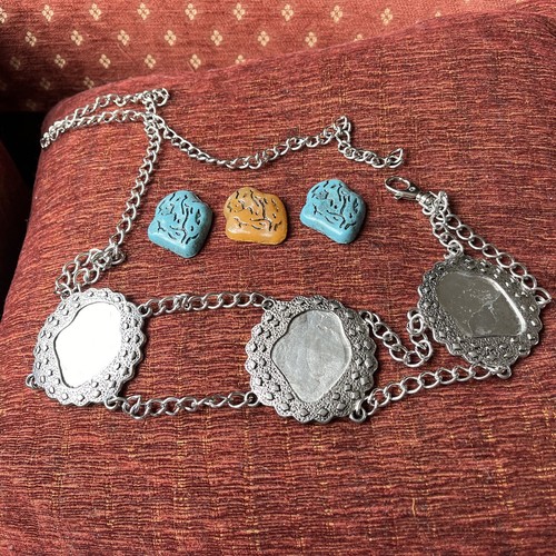 VINTAGE SILVER TONE 3 PANEL FAUX TURQUOISE AGATE STONES CHAIN BELT ADJUSTABLE - Picture 7 of 13