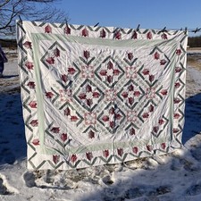 Hand Stitched Quilt 63x77 Tulip Border Pink Green Burgandy Cottagecore