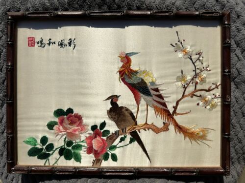 Stunning Vintage Chinese Silk Embroidery Oriental Birds In Tree Framed Picture - Picture 1 of 5