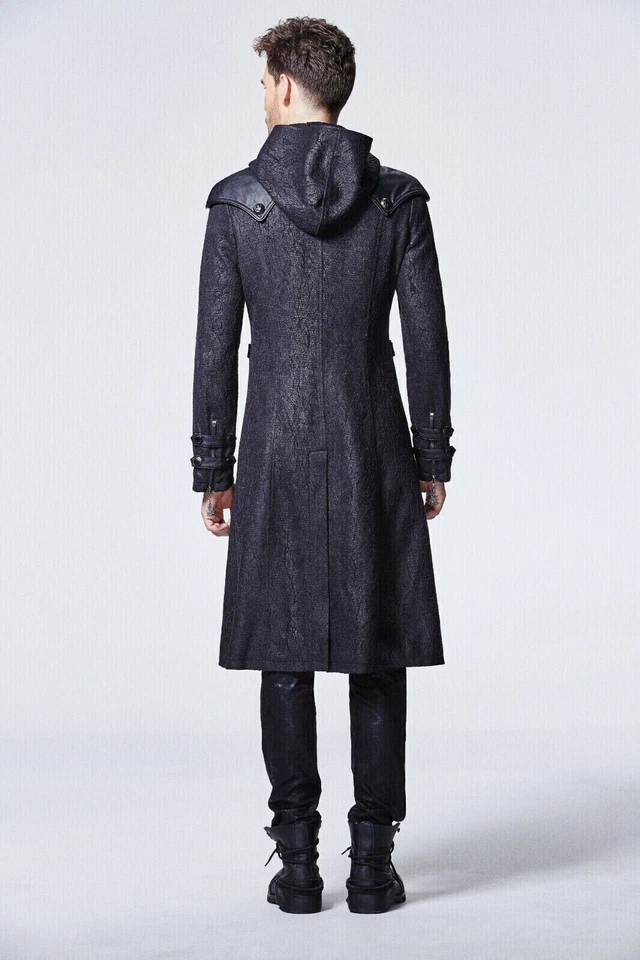 Abrigo Punk Rave Assassin's Creed Para Hombre Con Capucha Militar Gótico Negro Brocado Foto 4 de 4