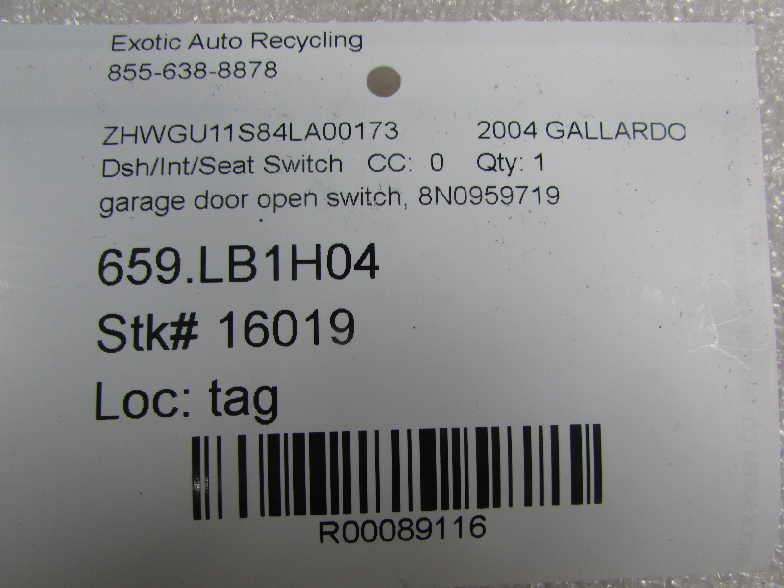 Lamborghini Gallardo, Garage Door Open Switch, Used, P/N 8N0959719
