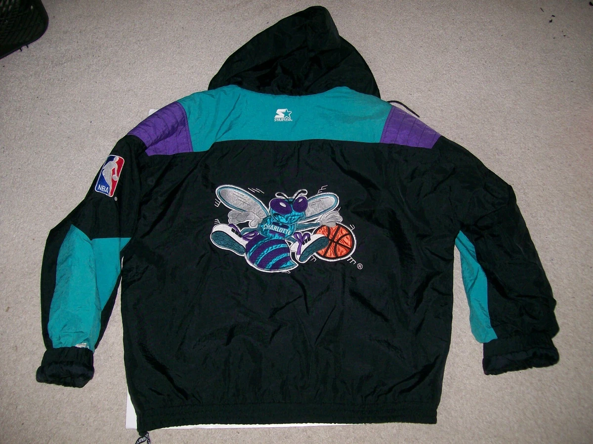 RARE OG Vintage 90s XL Black Charlotte Hornets NBA Starter Pullover Jacket Zip