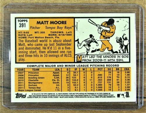 2012 Topps Heritage MATT MOORE #391 Tampa Bay Rays Rookie RC Card - Picture 2 of 4