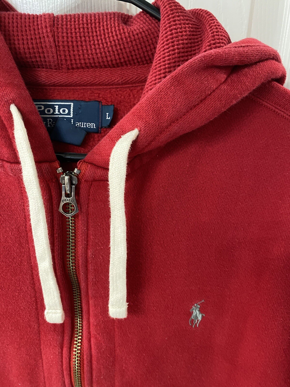 PONY Polo By Ralph Lauren giacca rossa con cappuccio taglia large con frangia grigia
