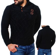Rerock Herren grober Strickpullover Schalkragen slimfit schwarz Knebelverschluss