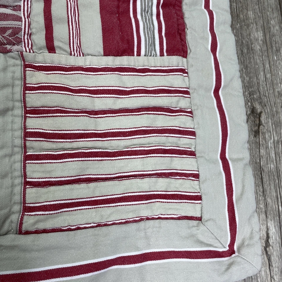 Pottery Barn Red Patchwork Quilted Sham Ticking Stripe Standard - Image 2 of 4