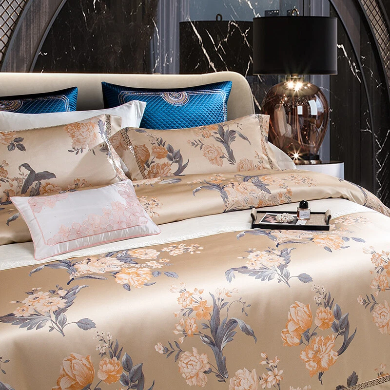 Juego de ropa de cama de algodón de seda natural 4 piezas funda de edredón funda de cama/plana/juego de sábanas ajustadas Foto 3 de 4