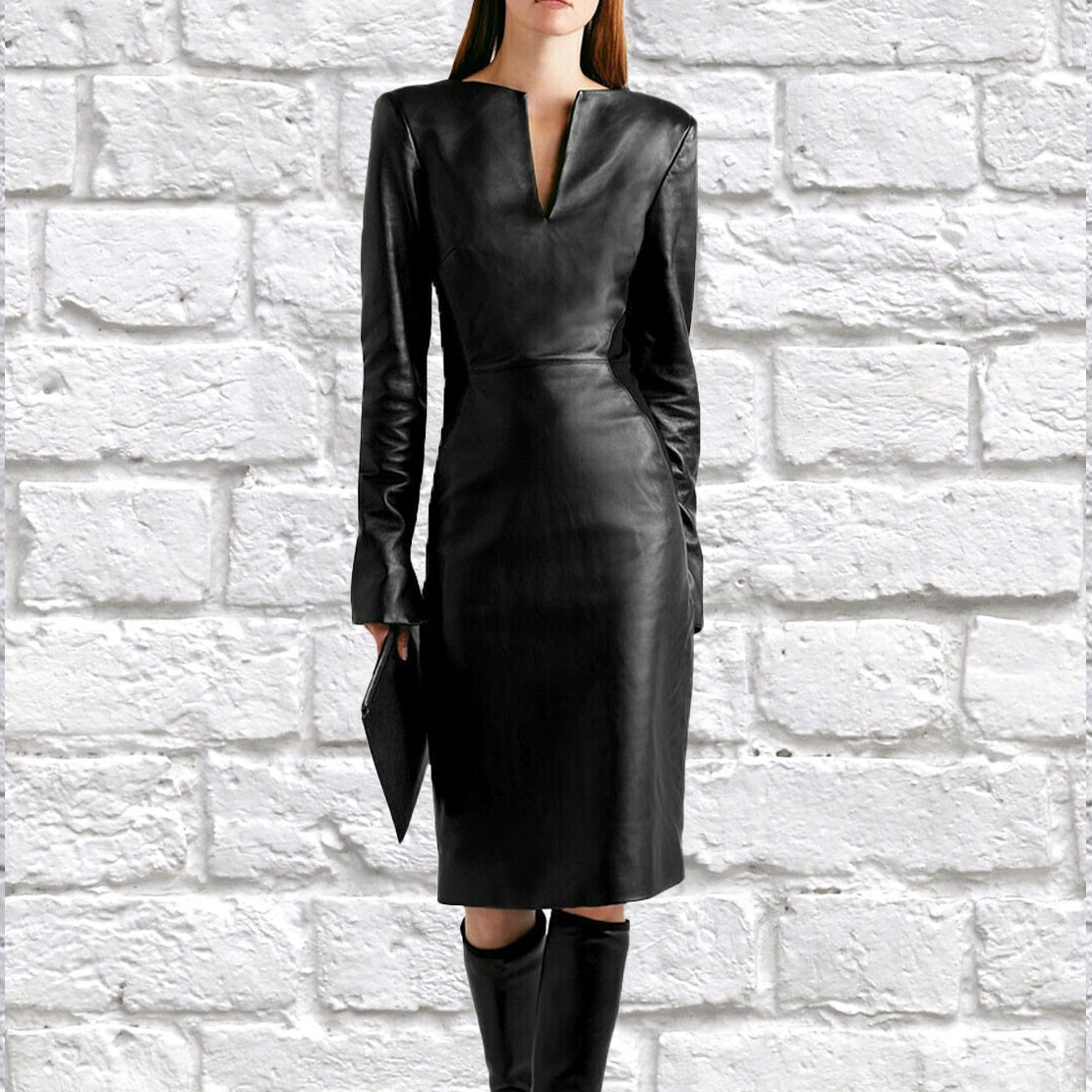 Women Black Long Sleeve Leather Dress Genuine Lambskin Women's Celebrity style