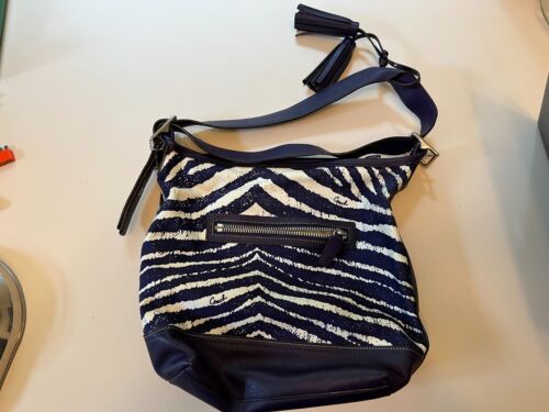 COACH Legacy Zebra Print Zip Duffle Bag #23410 Marine Purple & White Cross Body - Picture 2 of 4