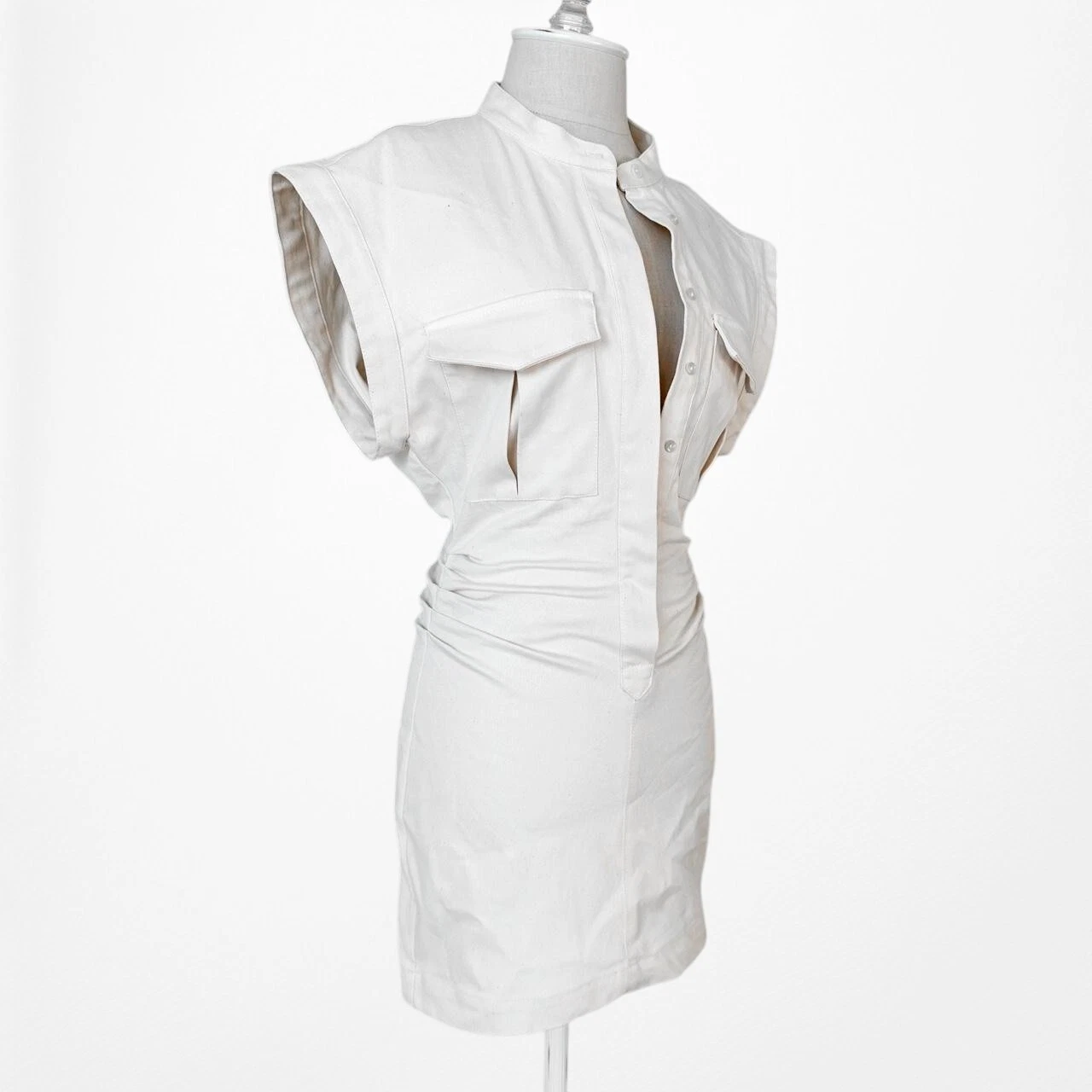 OFF WHITE Vestito Mini Camicia Zara Off White Panna Manica Corta Bottoni Bodycon Taglia XS
