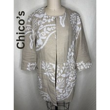 Chico s Size 1 Linen Blend Jacket Neutral Floral Open Front Lightweight