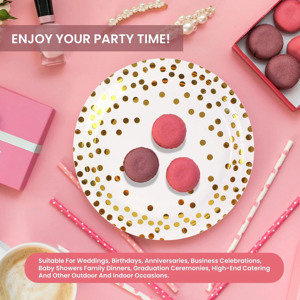 Juego de 75 platos y servilletas de papel - Comedor de fiesta desechable de punto blanco y dorado Foto 4 de 4