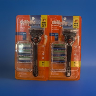 GILLETTE FUSION5 PROGLIDE RAZOR HANDLE W/FLEXBALL + 4 CARTRIDGES * SET OF 2 *
