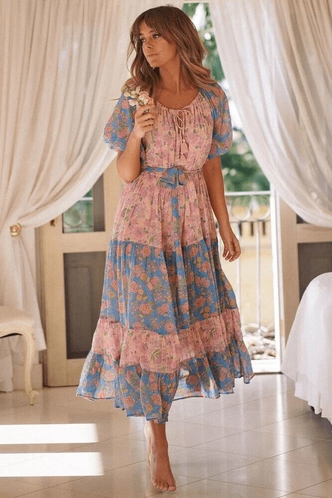 open lace back dress Fashion Strap Pink Floral Print Ruffle Dress Open Back Tie-Up  EDITE MODE