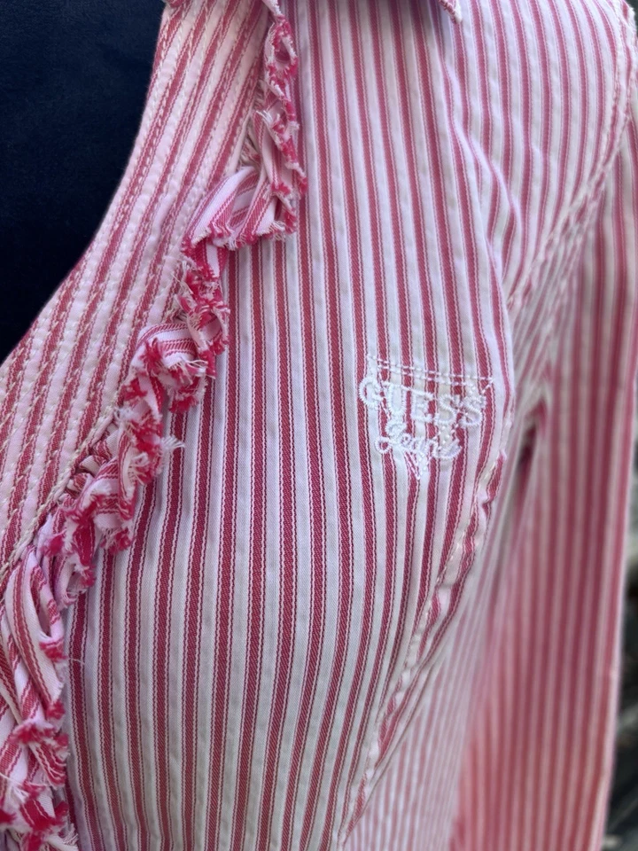 Guess 100% algodão rosa rosa rosa e borgonha listra de babado manga longa vintage grande - Imagem 2 de 4