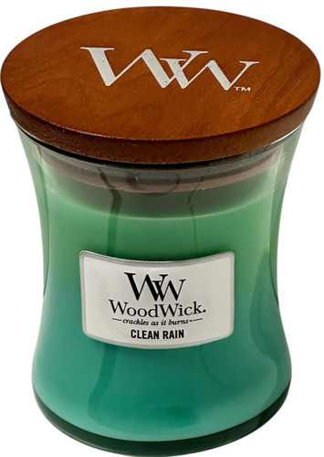 WoodWick Scented Candle Clean Rain crackles as it burns 9.7 oz Hourglass Shape