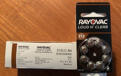 Rayovac Size 312 Loud n Clear Hearing Batteries - 80 Batteries EXP Aug 2027