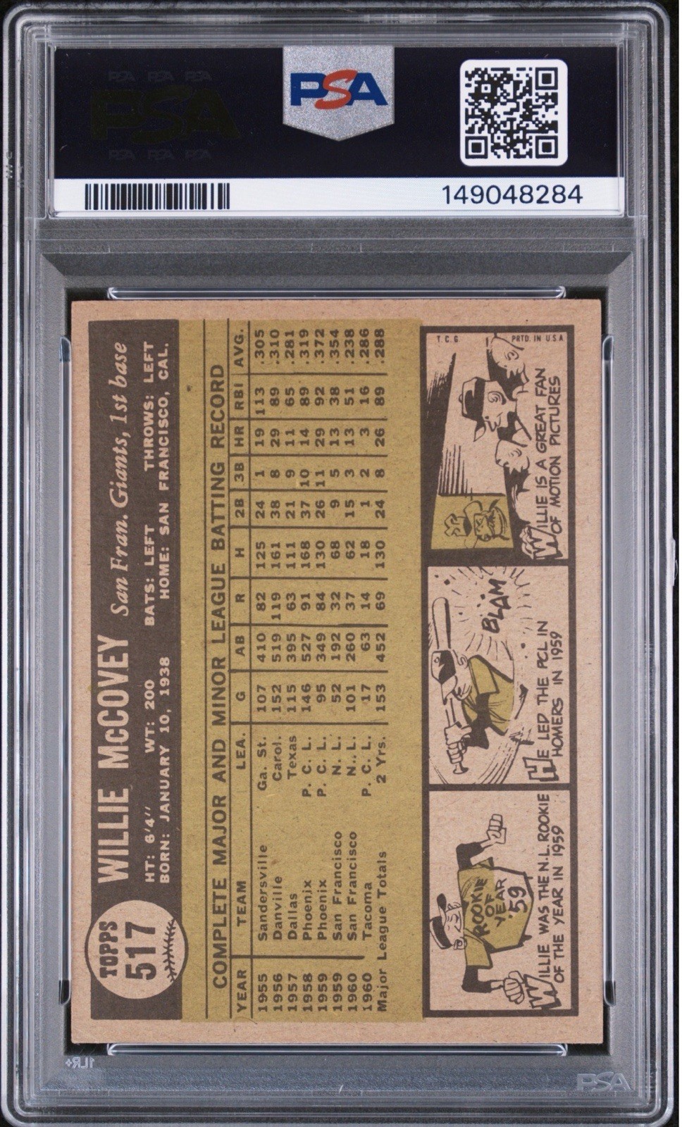 1961 Topps Willie McCovey #517 SF Giants HOF Legend Well Centered PSA 4 VG-EX! view 2