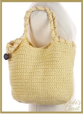 The Sak Yellow Knitted Tote Bag Large Beaded Bag Charm Magnetic Closure Lined