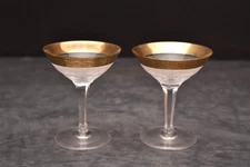 Pair Moser Czech Cut Crystal Liquor Cocktail Glasses Gold Rim Splendid Signed