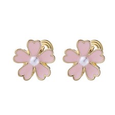 Clip On Pink Flower Pearl Fake Stud Earrings for Women No Piercings Ear Fashion