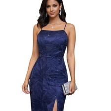 Lulu's Navy Blue Sequin Leaf Embroidered Maxi Dress Square Neck Formal Gown L