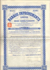 Manaos Improvements Limited 1909 Brazil bond certificate share