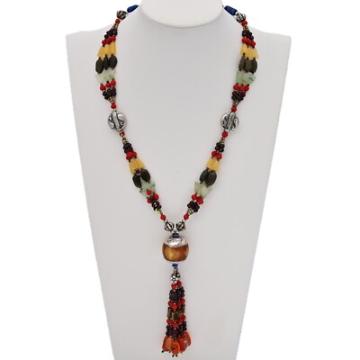 Vintage Original Sterling Silver Tribal Multi Gemstone Pendant Estate Necklace