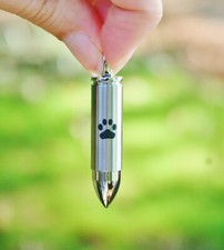 Mens Silver Bullet Pet Cremation Urn Pendant LARGE VIAL Holds Ashes Dog Cat Paw
