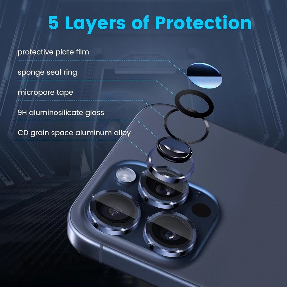 Protector de lente de cámara HD de vidrio templado anillo de metal para iPhone 15 Pro Max 15 Pro Foto 3 de 4