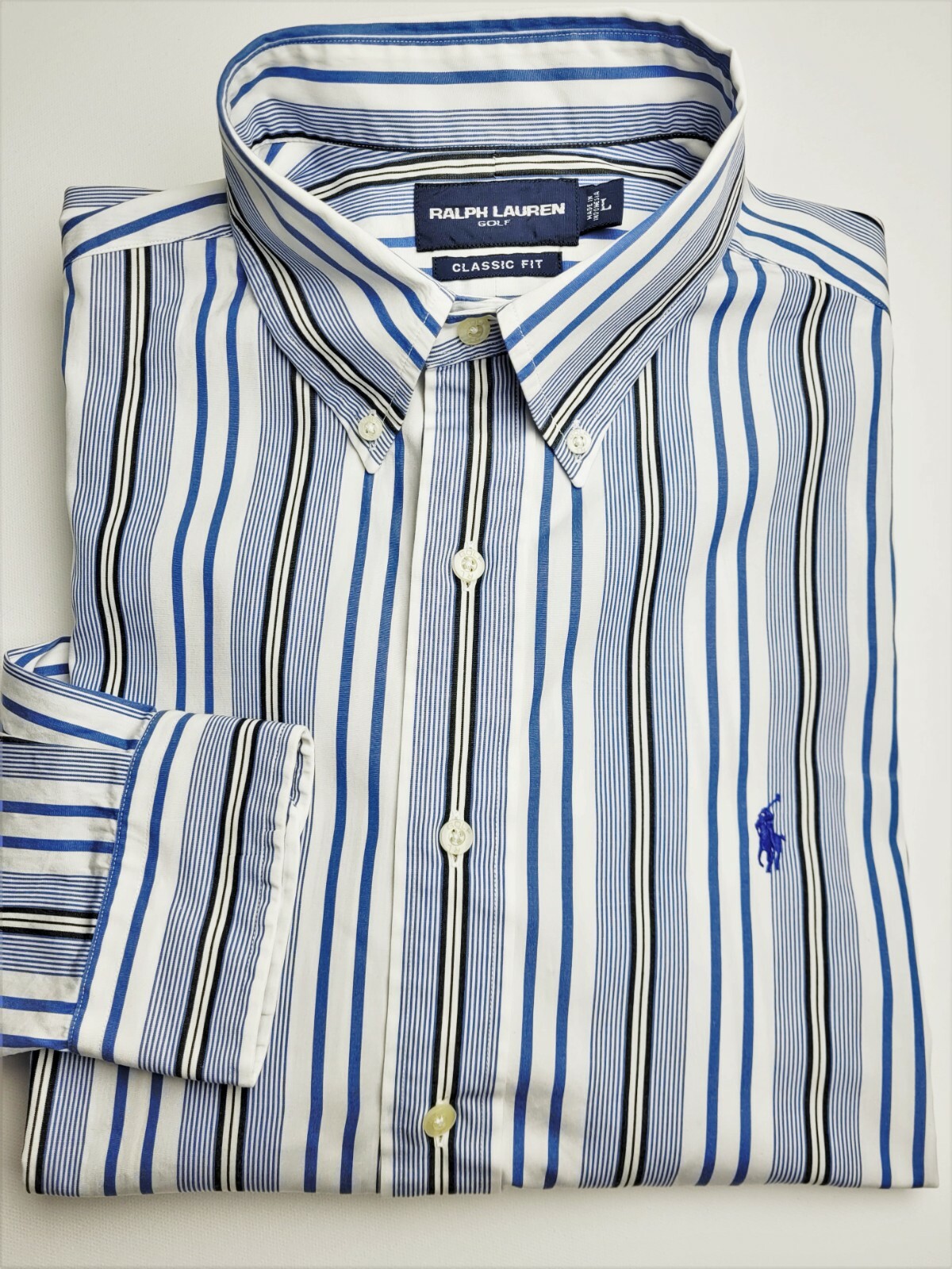 RALPH LAUREN CAMICIA uomo golf grande blu bianco righe pony manica lunga classica