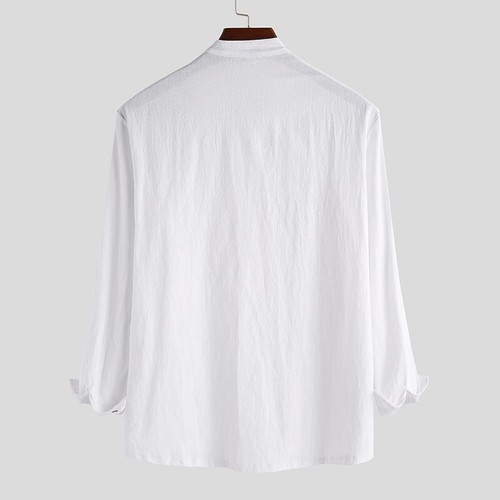 Men Linen Style long Sleeve Shirts Beach Casual Button Down Dress Shirts - Picture 11 of 30