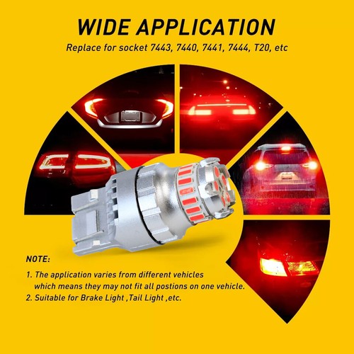 7443 7440 7444 4014 T20 LED Red Strobe Flash Brake Stop Tail Parking Light Bulbs - Picture 2 of 13